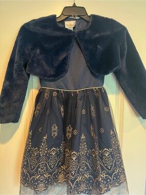 Rare Editions Navy Faux-Fur Bolero with Gold-Accented Dress